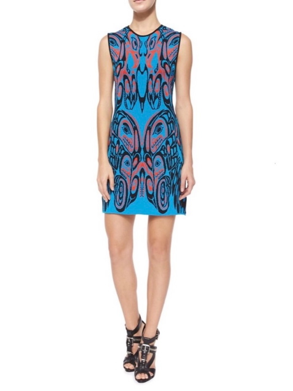 RVN Dress Tattoo Abstract Jacquard Mini Haida Sleeveless Blue Orange Print Small